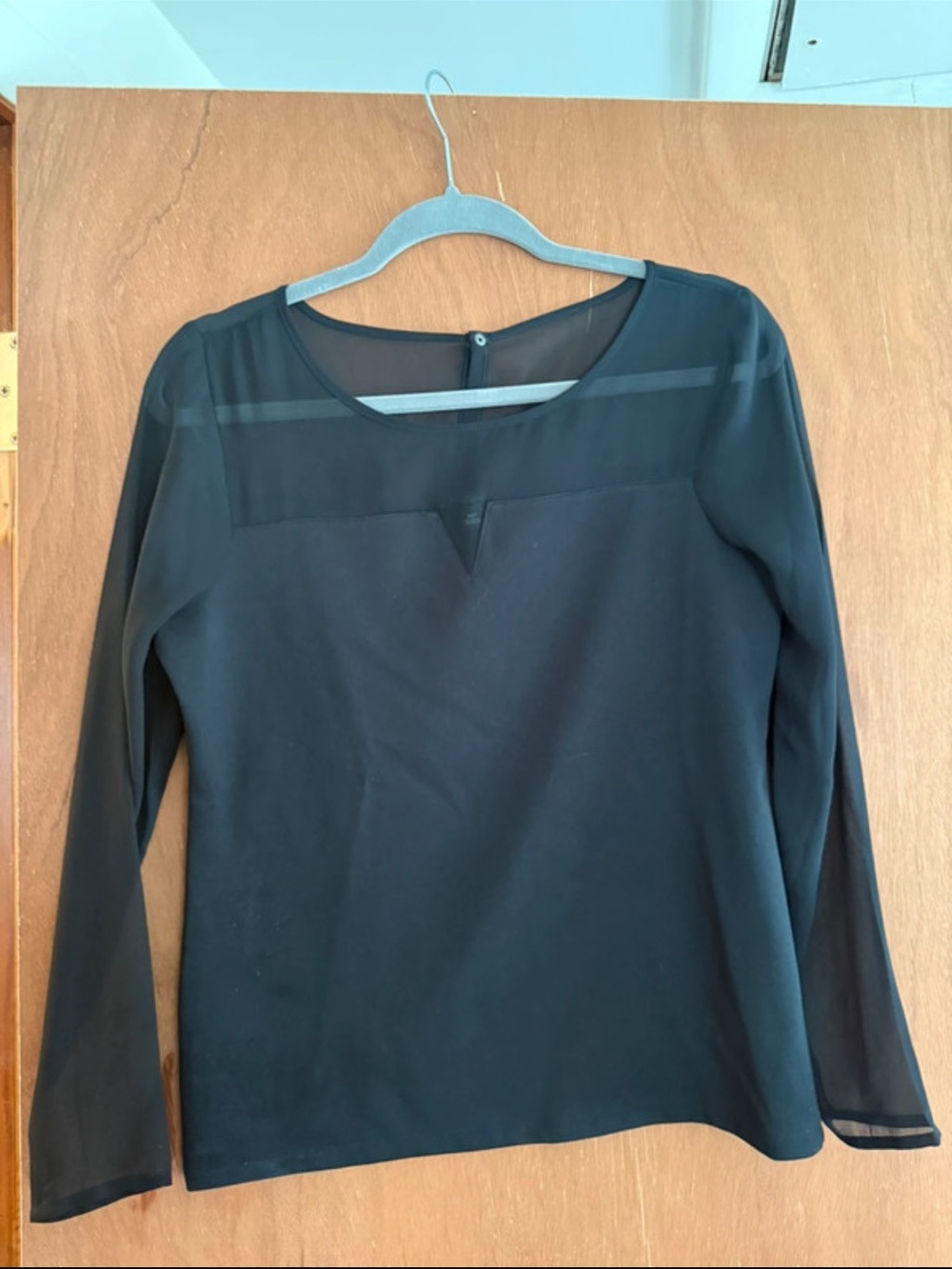 Ann Taylor Black Long-Sleeve Top with Sheer Yoke